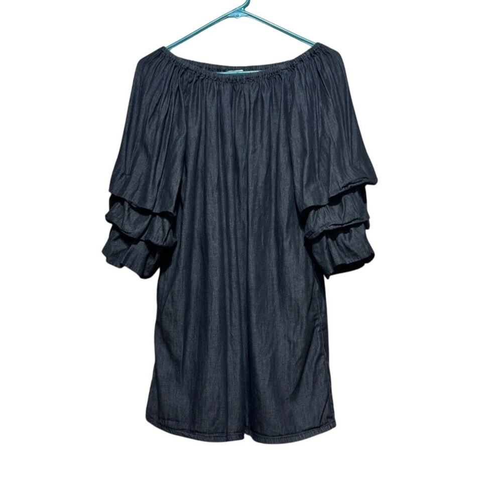 Hippie Laundry M Dark Denim Chambray Off the Shoulder Ruffle Sleeve Mini Dress - Picture 1 of 10